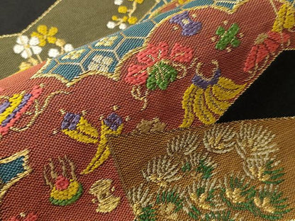 平和屋着物●河崎工房　河崎晴生　六通柄　本袋帯　唐織　宝寿重文　黒地　金糸　正絹　逸品　未使用　CABF0328ak
