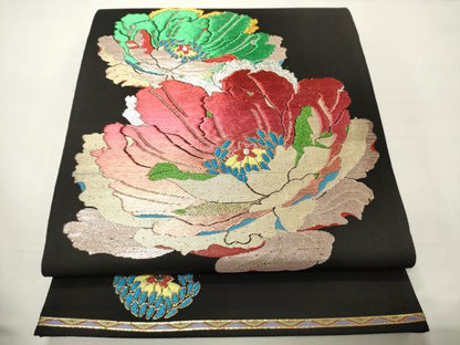 平和屋着物●六通柄　本袋帯　彩釉牡丹錦　黒地　金銀糸　正絹　逸品　未使用　CABF0341ak