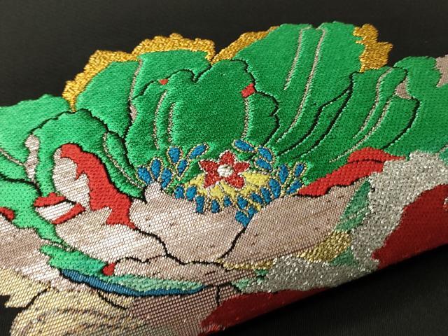 平和屋着物●六通柄　本袋帯　彩釉牡丹錦　黒地　金銀糸　正絹　逸品　未使用　CABF0341ak