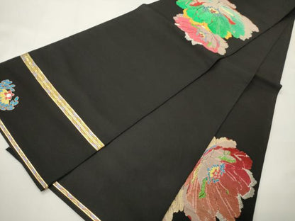 平和屋着物●六通柄　本袋帯　彩釉牡丹錦　黒地　金銀糸　正絹　逸品　未使用　CABF0341ak