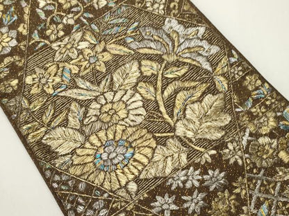 平和屋着物●半幅帯　総刺繍　草花文　金銀糸　正絹　逸品　CABF0354ak