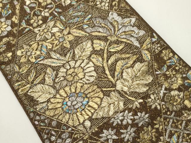 平和屋着物●半幅帯　総刺繍　草花文　金銀糸　正絹　逸品　CABF0354ak