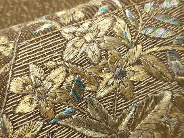 平和屋着物●半幅帯　総刺繍　草花文　金銀糸　正絹　逸品　CABF0354ak