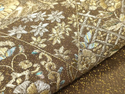 平和屋着物●半幅帯　総刺繍　草花文　金銀糸　正絹　逸品　CABF0354ak