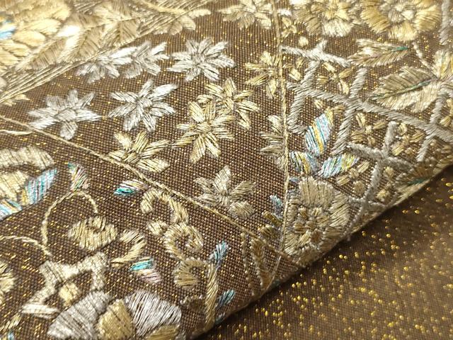 平和屋着物●半幅帯　総刺繍　草花文　金銀糸　正絹　逸品　CABF0354ak