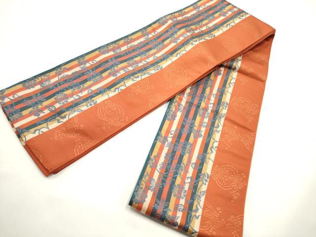 平和屋着物●本場筑前博多織　両面　半幅帯　花唐草間道　正絹　逸品　未使用　CABF0394ak