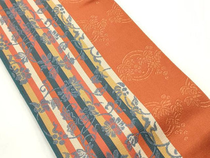 平和屋着物●本場筑前博多織　両面　半幅帯　花唐草間道　正絹　逸品　未使用　CABF0394ak
