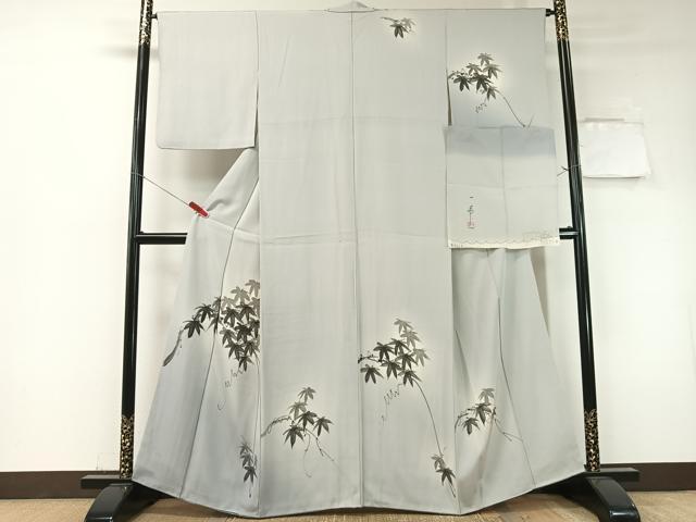 平和屋着物▼訪問着 一峯 手描き 蔦の葉文 暈し染め 反端付き 正絹 逸品 CABF0471vp