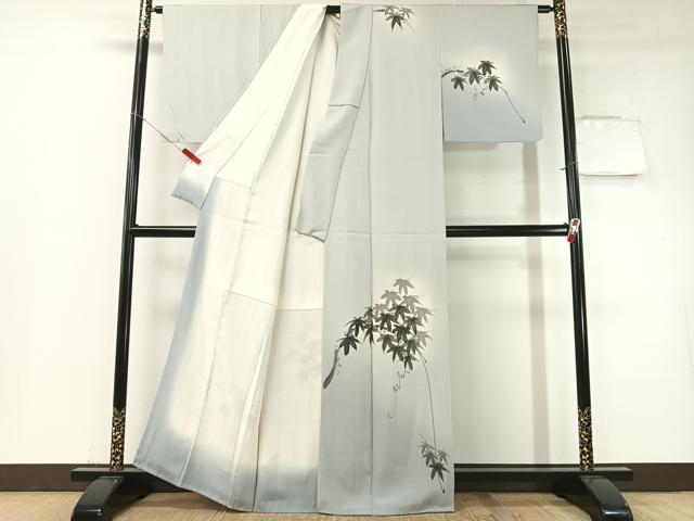 平和屋着物▼訪問着 一峯 手描き 蔦の葉文 暈し染め 反端付き 正絹 逸品 CABF0471vp