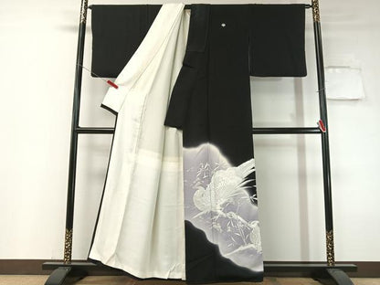 平和屋着物▼豪華黒留袖　総刺繍　双鳥花文　暈し染め　金糸　正絹　逸品　CABF0484vp