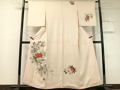 平和屋着物▼訪問着　手描き　草花文　銀彩　正絹　逸品　CABF0508vp