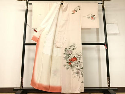 平和屋着物▼訪問着　手描き　草花文　銀彩　正絹　逸品　CABF0508vp