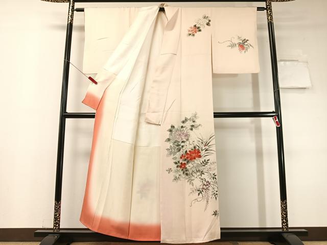 平和屋着物▼訪問着　手描き　草花文　銀彩　正絹　逸品　CABF0508vp