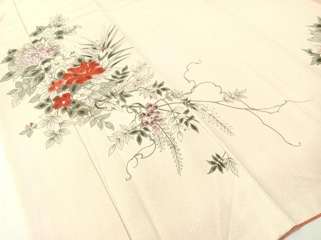平和屋着物▼訪問着　手描き　草花文　銀彩　正絹　逸品　CABF0508vp