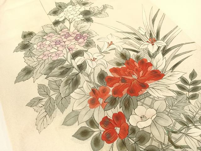 平和屋着物▼訪問着　手描き　草花文　銀彩　正絹　逸品　CABF0508vp