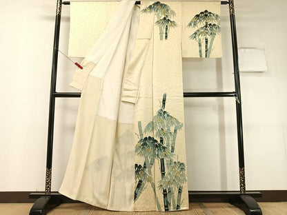 平和屋着物▼訪問着　手描き　笹竹文　金彩　正絹　逸品　CABF0512vp