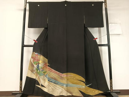平和屋着物▼豪華黒留袖　総刺繍　手描き　双鳥文　金彩　正絹　逸品　CABF0518vp