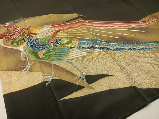 平和屋着物▼豪華黒留袖　総刺繍　手描き　双鳥文　金彩　正絹　逸品　CABF0518vp