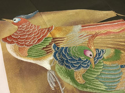 平和屋着物▼豪華黒留袖　総刺繍　手描き　双鳥文　金彩　正絹　逸品　CABF0518vp