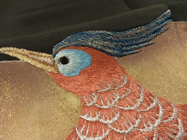 平和屋着物▼豪華黒留袖　総刺繍　手描き　双鳥文　金彩　正絹　逸品　CABF0518vp