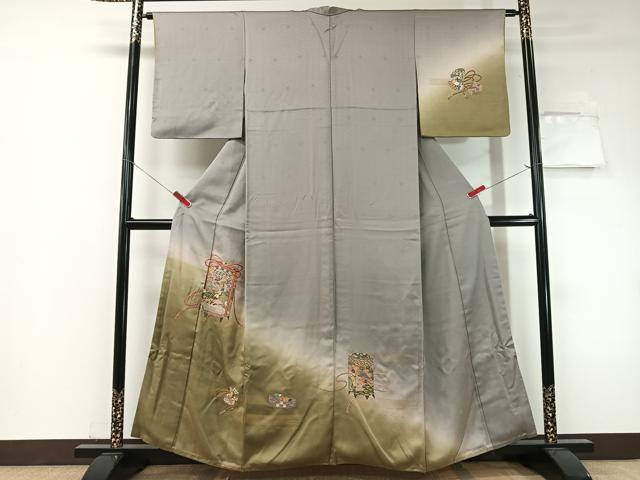 平和屋着物▼訪問着　総刺繍　貝桶花文　暈し染め　金彩　正絹　逸品　CABF0529vp