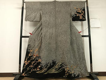 平和屋着物▼訪問着　刺繍　槍梅　シルエット　たたき染め　金彩　正絹　逸品　CABF0566vp