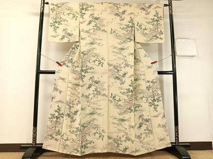 平和屋着物▼上質な小紋　手描き　人物風景文　鬼しぼ縮緬　正絹　逸品　CABF0585vp