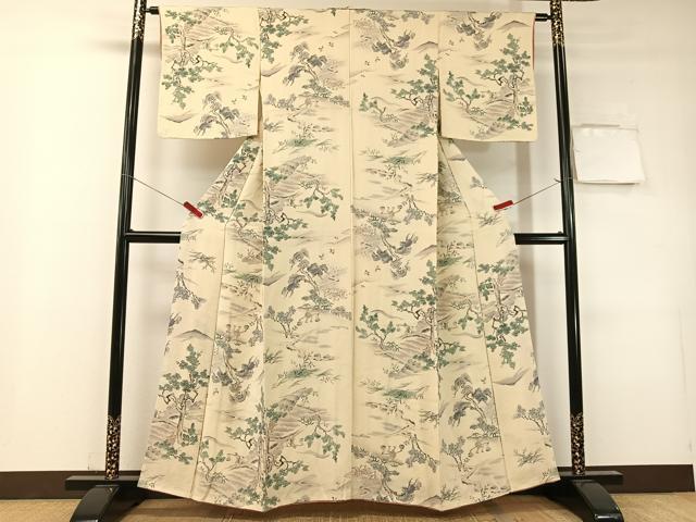 平和屋着物▼上質な小紋　手描き　人物風景文　鬼しぼ縮緬　正絹　逸品　CABF0585vp