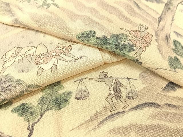 平和屋着物▼上質な小紋　手描き　人物風景文　鬼しぼ縮緬　正絹　逸品　CABF0585vp