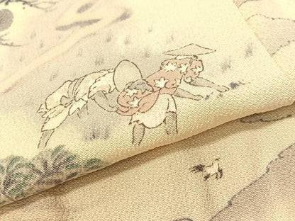 平和屋着物▼上質な小紋　手描き　人物風景文　鬼しぼ縮緬　正絹　逸品　CABF0585vp