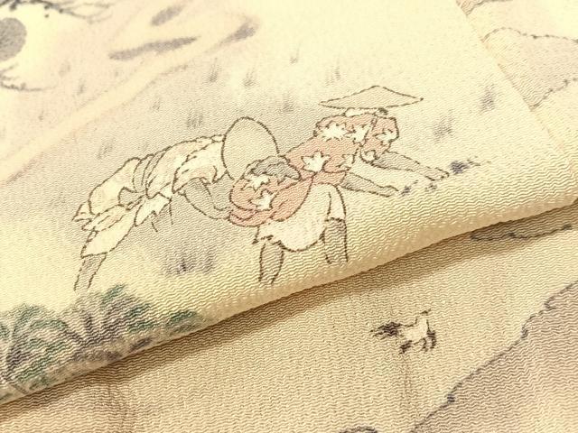 平和屋着物▼上質な小紋　手描き　人物風景文　鬼しぼ縮緬　正絹　逸品　CABF0585vp