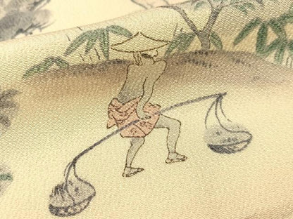 平和屋着物▼上質な小紋　手描き　人物風景文　鬼しぼ縮緬　正絹　逸品　CABF0585vp