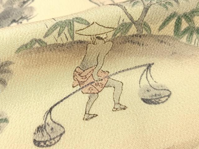 平和屋着物▼上質な小紋　手描き　人物風景文　鬼しぼ縮緬　正絹　逸品　CABF0585vp