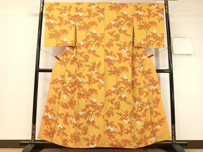 平和屋着物▼上質な小紋　手描き　枝花文　鬼しぼ縮緬　正絹　逸品　CABF0603vp