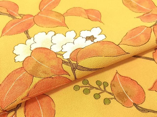 平和屋着物▼上質な小紋　手描き　枝花文　鬼しぼ縮緬　正絹　逸品　CABF0603vp