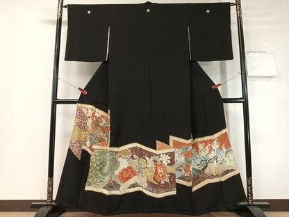 平和屋着物▼豪華黒留袖　駒刺繍　孔雀花絵巻　金彩　正絹　逸品　CABF0614vp