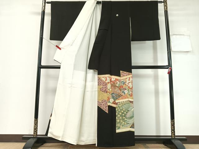 平和屋着物▼豪華黒留袖　駒刺繍　孔雀花絵巻　金彩　正絹　逸品　CABF0614vp