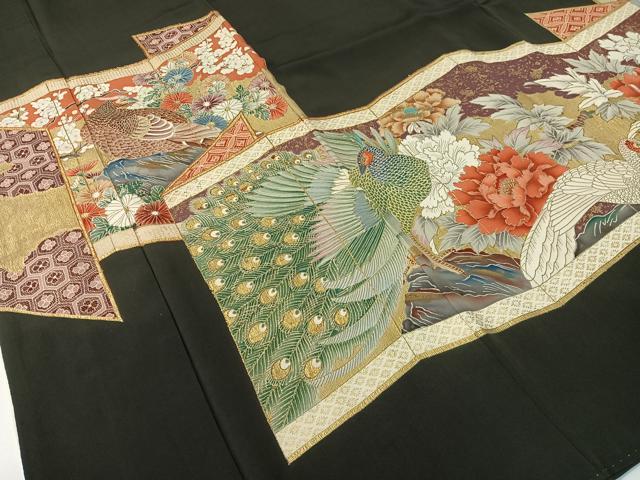 平和屋着物▼豪華黒留袖　駒刺繍　孔雀花絵巻　金彩　正絹　逸品　CABF0614vp