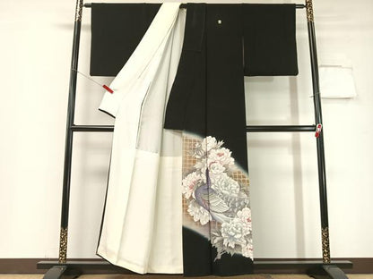 平和屋着物▼日本工芸会正会員　福島輝子　黒留袖　刺繍　孔雀牡丹文　暈し染め　金銀糸　正絹　逸品　CABF0690vp