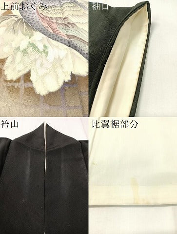 平和屋着物▼日本工芸会正会員　福島輝子　黒留袖　刺繍　孔雀牡丹文　暈し染め　金銀糸　正絹　逸品　CABF0690vp