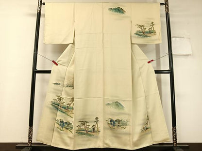平和屋着物▼訪問着　手描き　富士山　人物風景文　正絹　逸品　CABF0693vp