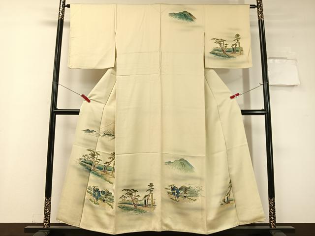 平和屋着物▼訪問着　手描き　富士山　人物風景文　正絹　逸品　CABF0693vp
