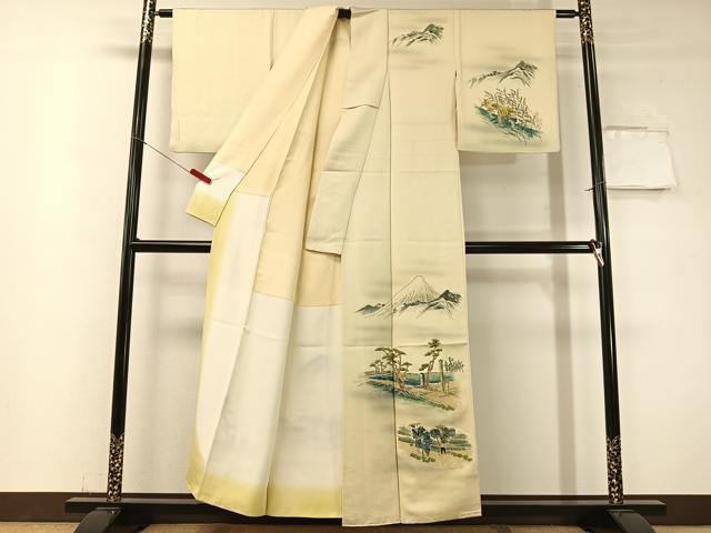 平和屋着物▼訪問着　手描き　富士山　人物風景文　正絹　逸品　CABF0693vp