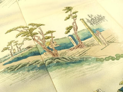平和屋着物▼訪問着　手描き　富士山　人物風景文　正絹　逸品　CABF0693vp