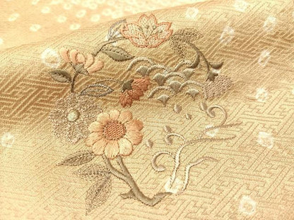平和屋着物▼中国三大刺繍 スワトウ刺繍 総刺繍 訪問着 絞り 花丸文 銀糸 正絹 逸品 CABF0705vp