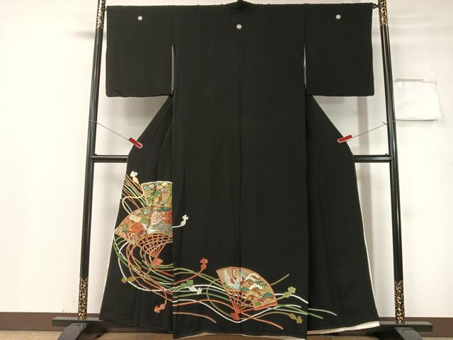平和屋着物▼豪華黒留袖 総刺繍 扇面吉祥花鳥文 金銀糸 正絹 逸品 CABF0708vp