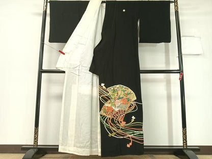平和屋着物▼豪華黒留袖 総刺繍 扇面吉祥花鳥文 金銀糸 正絹 逸品 CABF0708vp