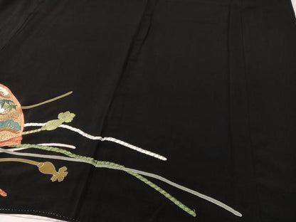 平和屋着物▼豪華黒留袖 総刺繍 扇面吉祥花鳥文 金銀糸 正絹 逸品 CABF0708vp