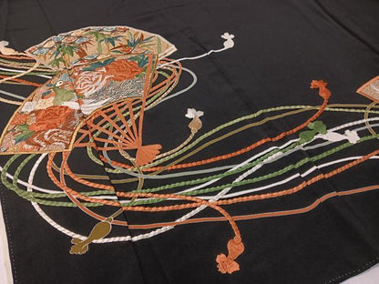 平和屋着物▼豪華黒留袖 総刺繍 扇面吉祥花鳥文 金銀糸 正絹 逸品 CABF0708vp