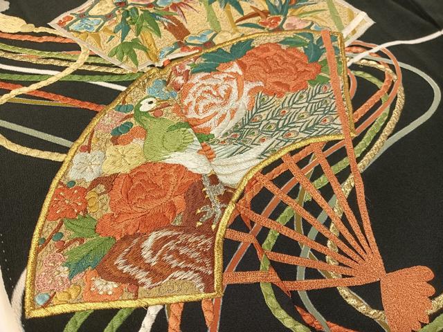 平和屋着物▼豪華黒留袖 総刺繍 扇面吉祥花鳥文 金銀糸 正絹 逸品 CABF0708vp